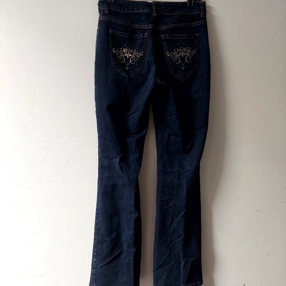 Platinum Charm Jeans Womens Size 0 Indigo Blue Bootcut Rhinestone Pocket Stretch - Picture 2 of 12